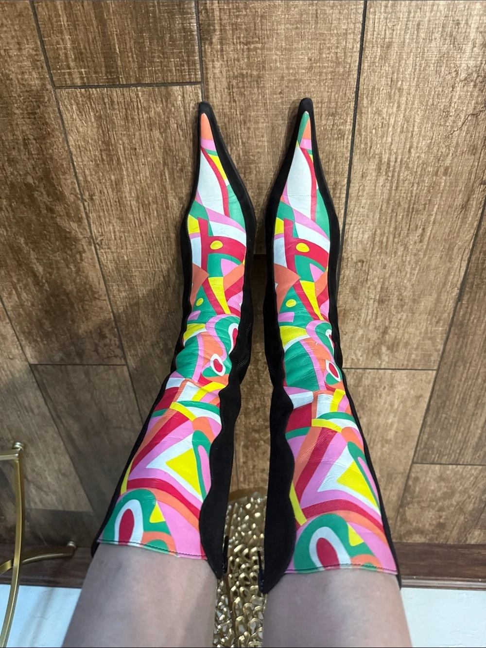 Bold ‼️Multicolor Patterned Knee Boots - Black Suede Accent